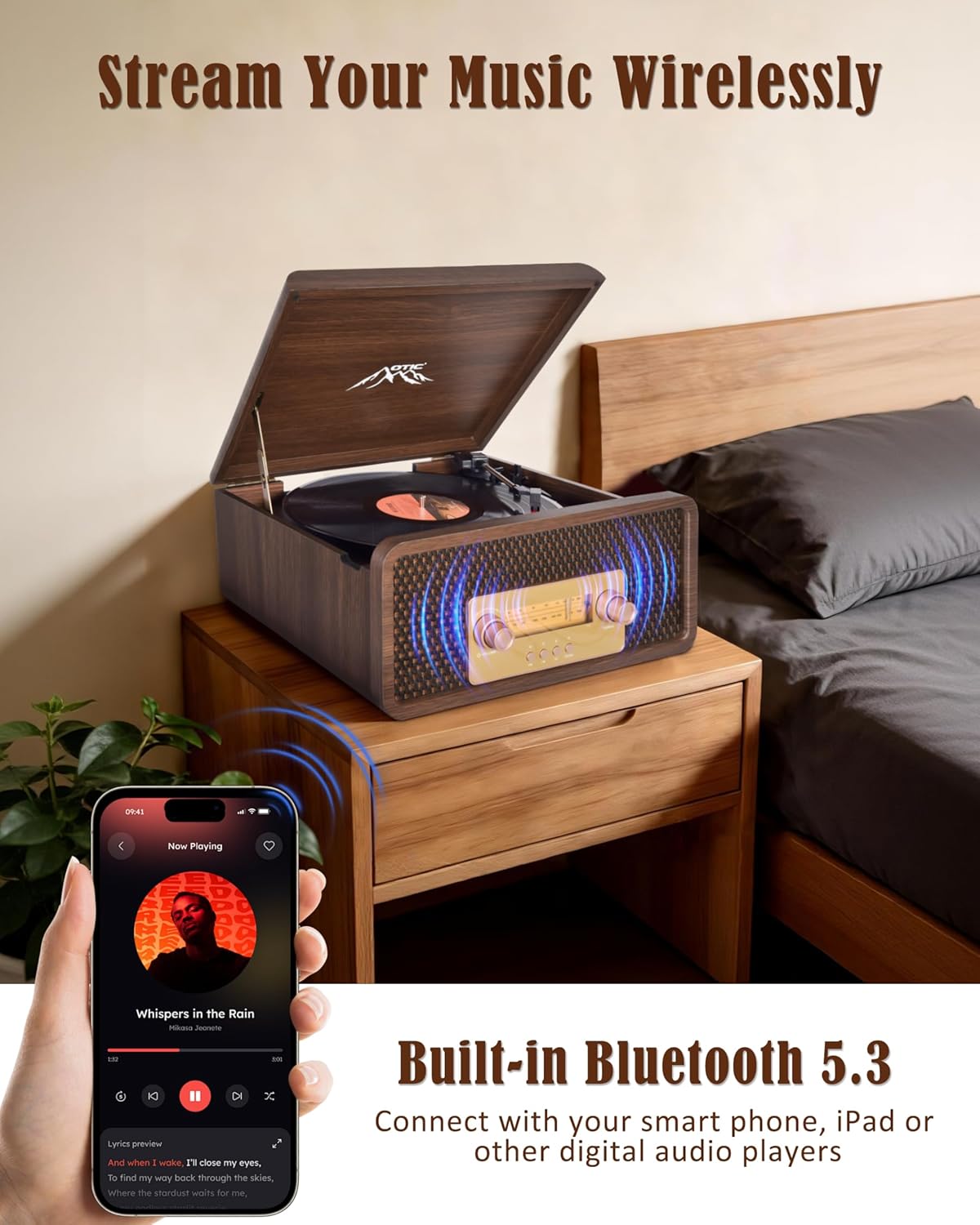 OTIC All-in-One Vinyl Record Player with Speakers, 3-Speed Turntable, Bluetooth Wireless Playback AM/FM Radio Aux-in, Auto-Stop Retro Wooden Design Home Audio&Gift for Music Lovers