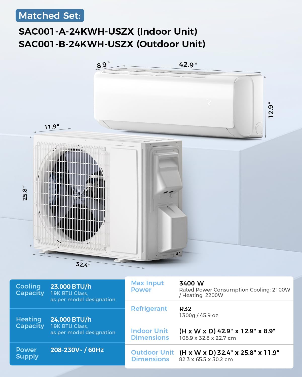 Feelfunn 24000 BTU Mini Split AC/Heating System, 19 SEER2 208-230V, Cools Rooms up to 1250 Sq.Ft, Air Conditioner with Installation Kit, Remote, Wi-Fi Control, Low Noise, Compatible with Alexa
