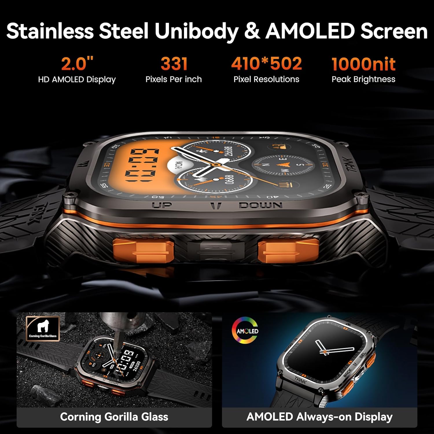 AMAZTIM Military Smart Watch with GPS, 6 Satellite Positioning/Compass, Stainless Steel Body, Waterproof, 480mAh Extra-Large Battery, Answer/Make Call, 2" AMOLED Screen, Compatible for Android iOS
