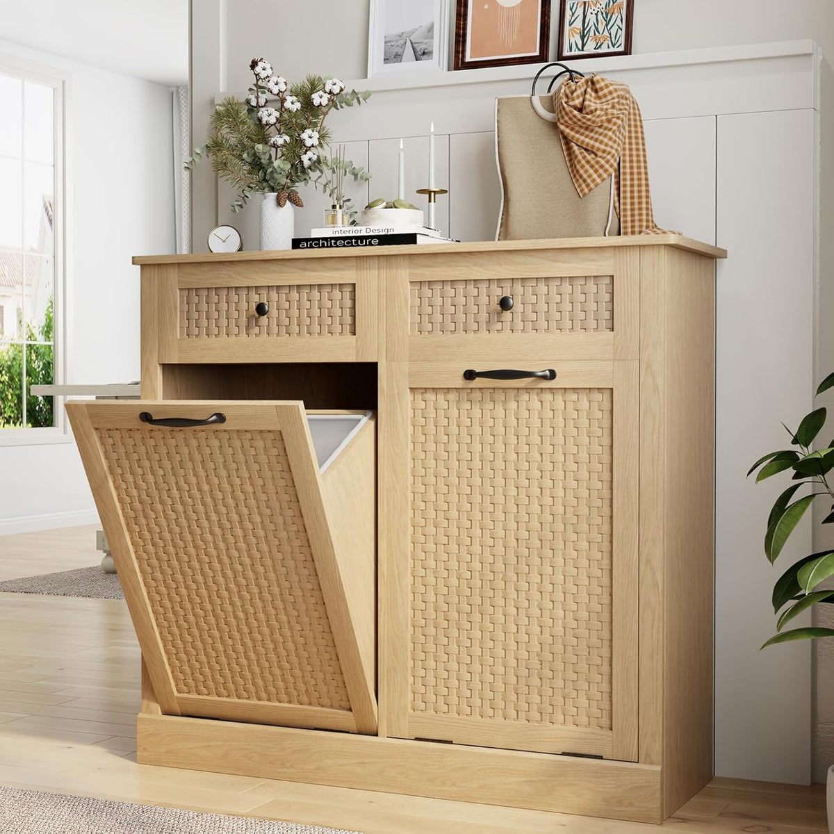 Double Tilt Out Laundry Hamper Cabinet, Rattan-Style Laundry Room Organization with Removable Laundry Basket, Hidden Wood Dirty Clothes Hamper with Drawers, 39" L x 13" W x 35.8" H, Wood