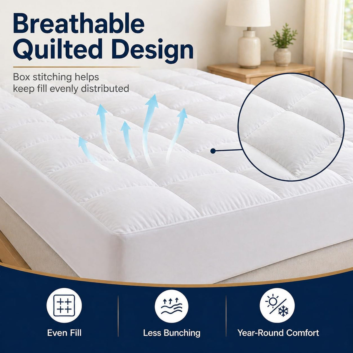 West Month Mattress Topper 1000gsm Premium Quilted, Mattress Cover with Deep Pocket Fits 8-21 Inch Mattresses, Breathable Fluffy Bed Topper for Soft Comfort (White,King)