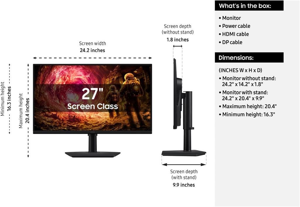 Samsung 27” Odyssey G5 G50F QHD Resolution Gaming Monitor, 180Hz Refresh Rate, Fast IPS Panel, HDR10, NVIDIA G-Sync Compatible, 1ms Response Time (GtG), AMD FreeSync™, Adjustable Stand, LS27FG502ENXZA