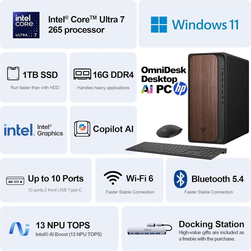 HP OmniDesk Desktop Computer – Intel Core Ultra 7 265, 16GB DDR5 1TB SSD, Sleek Dark Wood Design, AI-Ready Performance, Windows 11 Pro with Dockstation