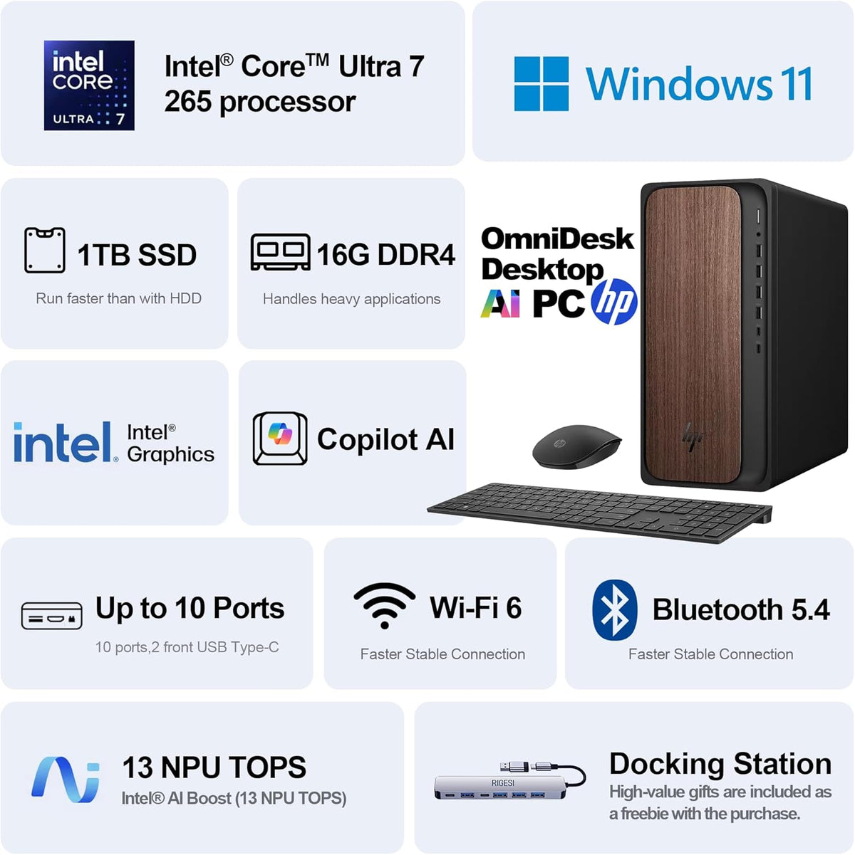 HP OmniDesk Desktop Computer – Intel Core Ultra 7 265, 16GB DDR5 1TB SSD, Sleek Dark Wood Design, AI-Ready Performance, Windows 11 Pro with Dockstation