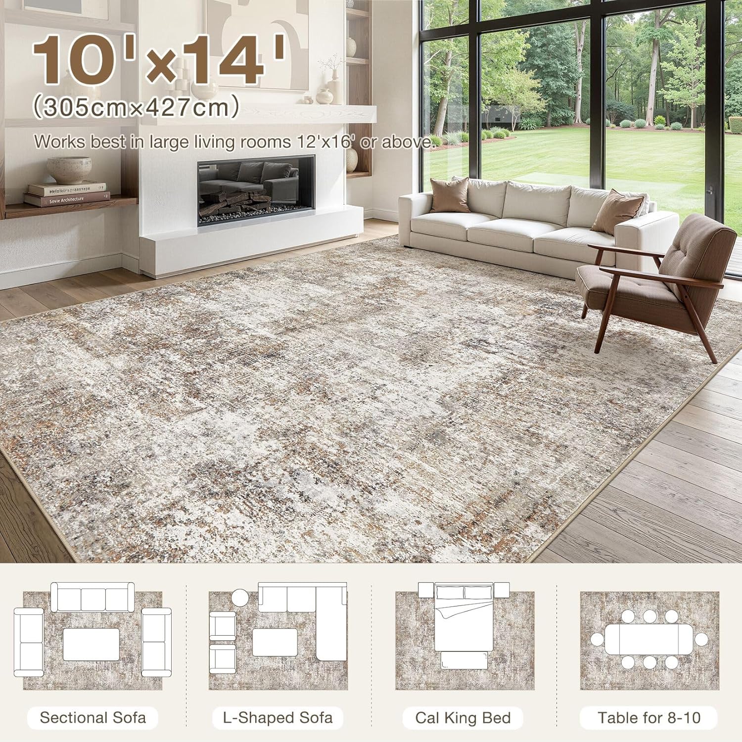 10x14 Area Rugs for Living Room: Washable Large Neutral Abstract Rug Soft Non Slip Stain Resistant Low Pile Indoor Carpet for Bedroom Dining Room Nursery Office Playroom - Brown Grey