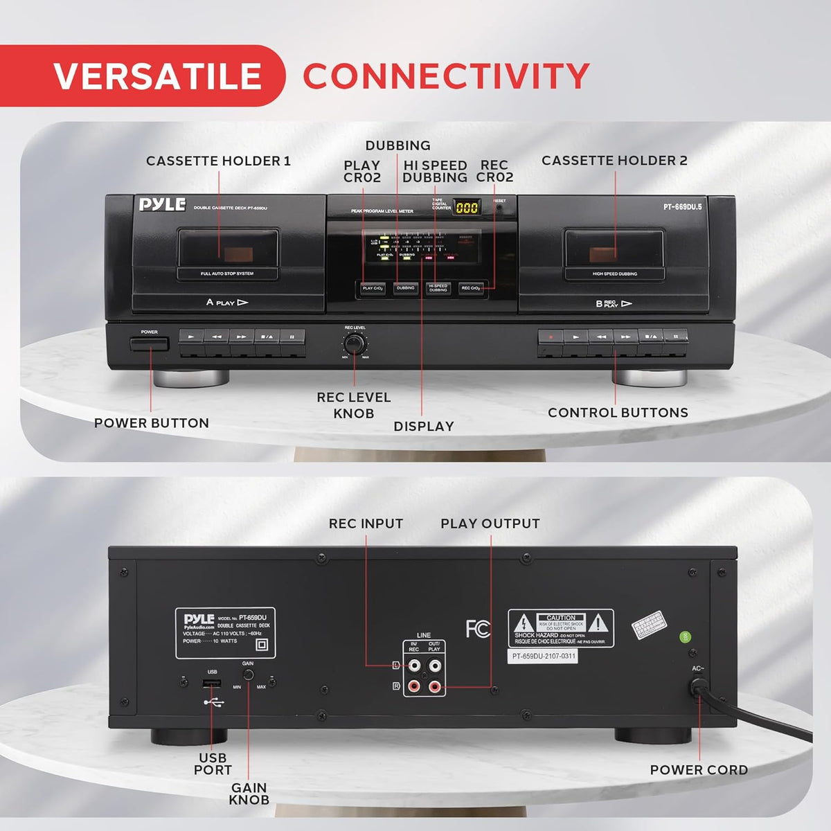Pyle Dual Stereo Cassette Tape Deck - Clear Audio Double Player Recorder System w/ MP3 Music Converter, RCA for Recording, Dubbing, USB, Retro Design - For Standard / CrO2 Tapes, Home Use - PT659DU
