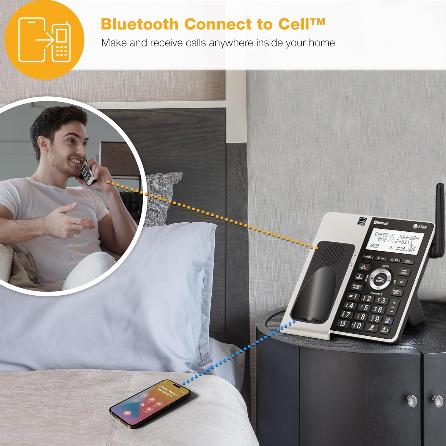 AT&T BL3107-5 DECT 6.0 5-Handset Cordless Phone with Bluetooth Connect to Cell, Smart Call Blocker, Digital Answering System, Extended Range, Big Buttons - Titanium Black