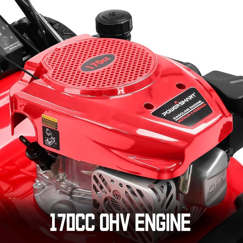 PowerSmart Self Propelled Gas Lawn Mower, 22-inch with 170cc OHV Engine 2-in-1 Rear Wheel Drive, High Wheels, 6-Position Height Adjustment, Red