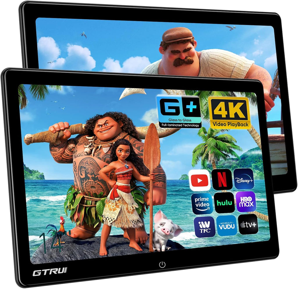 14-Inch 4K Video Android Car TV Headrest Monitor Tablet for Back Seat with WiFi Bluetooth, Glass to Glass IPS Touch Screens Portable Medias Player, Support Phone Control & Mirror Link