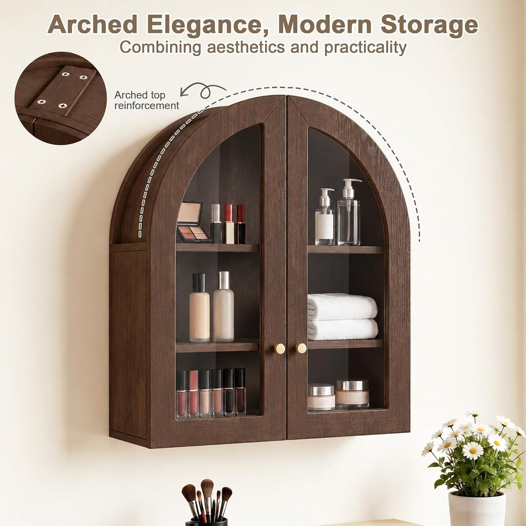 Arched Wall Cabinet, Bathroom Cabinet Wall Mount with Glass Doors & Adjustable Shelf, Floating Medicine Cabinet for Bathroom, Kitchen, Living Room Storage, Walnut