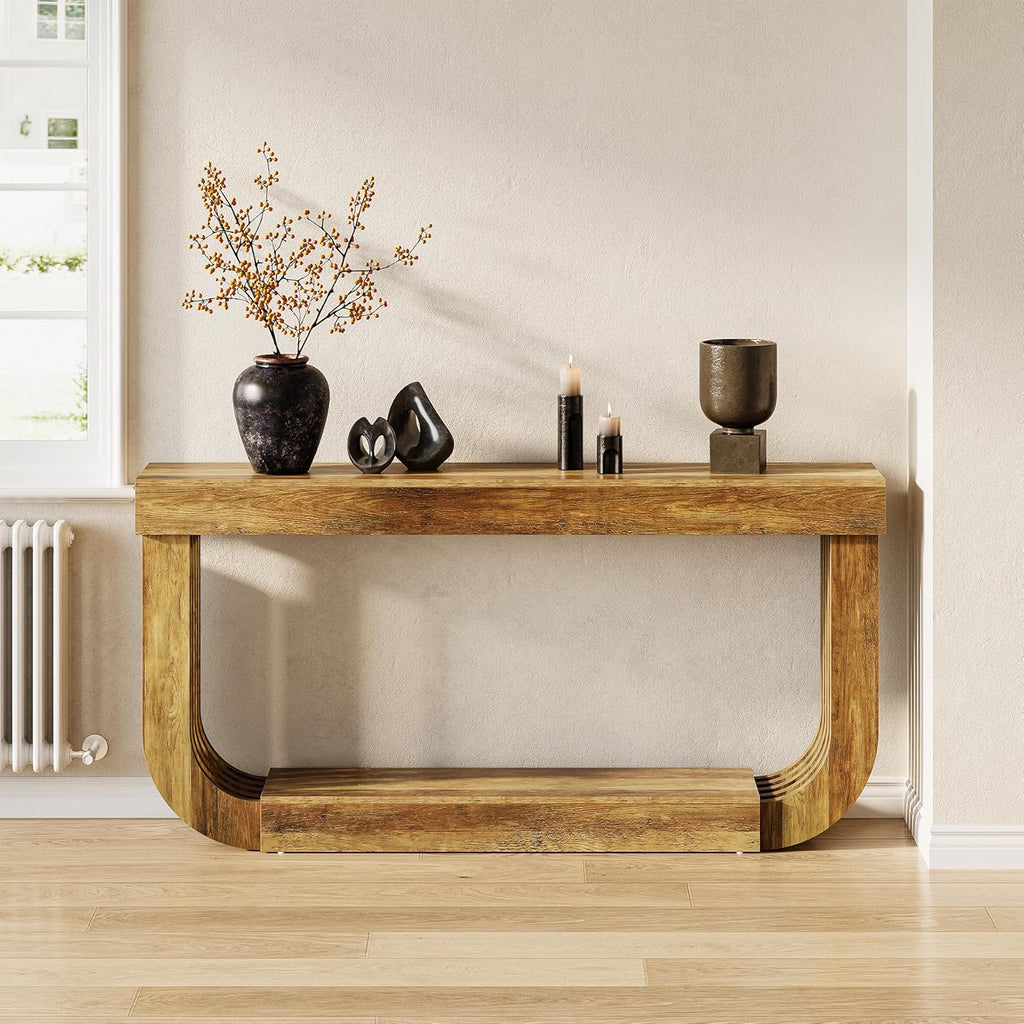 LITTLE TREE 70.9-Inch Extra Long Narrow Console Table, 2-Tier Brown Wooden Sofa Table for Living Room, Large Hallway Foyer Table with Heavy Duty U-Shaped Pedestal