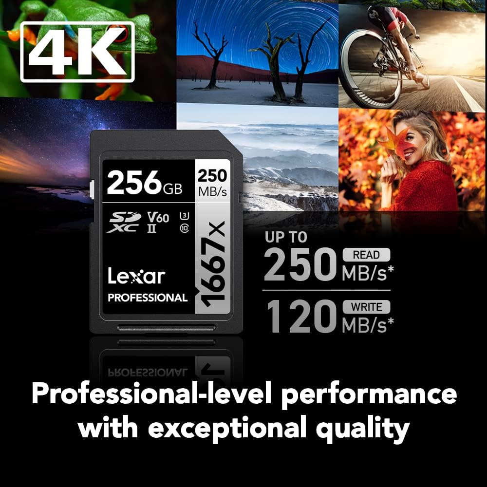 Lexar 256GB (2-Pack) Professional 1667x SD Card, UHS-II, C10, U3, V60, Full HD, 4K, Up To 250MB/s Read SDXC Memory Card, for Professional Photographer, Videographer, Enthusiast (LSD1667256G-B2NNU)