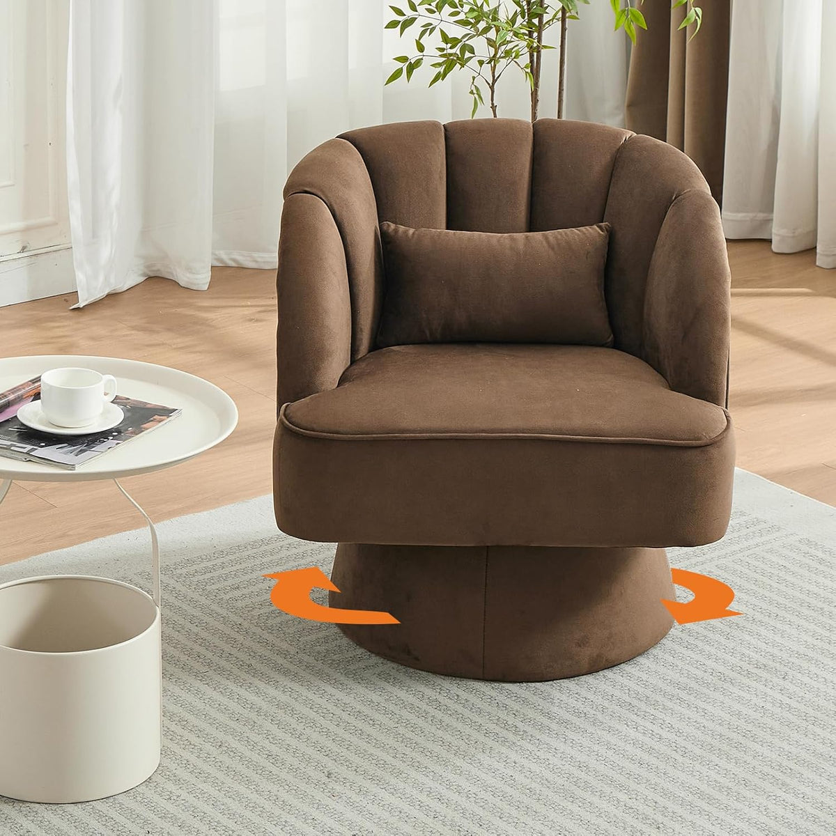 GarveeHome Modern Swivel Barrel Accent Chair, 360 Degree Velvet Upholstered Armchair with Striped Backrest & Plush Padding, Comfy Round Lounge Chair for Living Room, Bedroom, Reading Nook, Brown