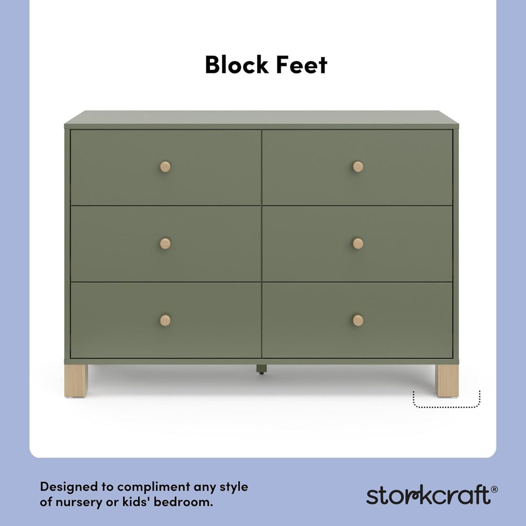 Storkcraft California 6-Drawer Double Dresser (Olive with Driftwood) - GREENGUARD Gold Certified, Interlocking Drawer System, Dresser Drawer Organizer for Kids Bedroom