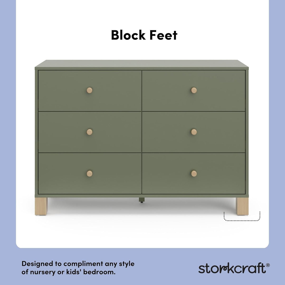 Storkcraft California 6-Drawer Double Dresser (Olive with Driftwood) - GREENGUARD Gold Certified, Interlocking Drawer System, Dresser Drawer Organizer for Kids Bedroom