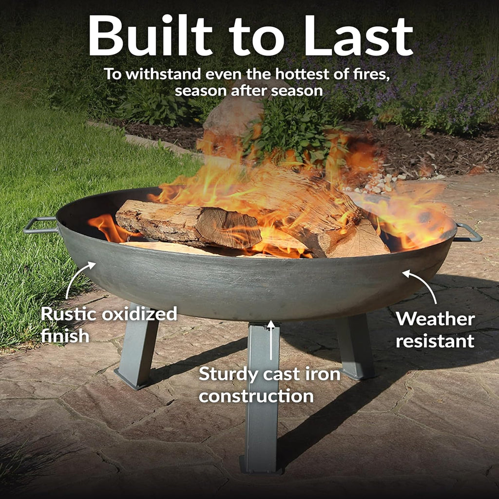 Sunnydaze Cast Iron Heavy Duty Fire Pit for Outside - Wood Burning Outdoor Fire Pit Bowl with Handles for Patio, Backyard, Camping - 30" - Gray
