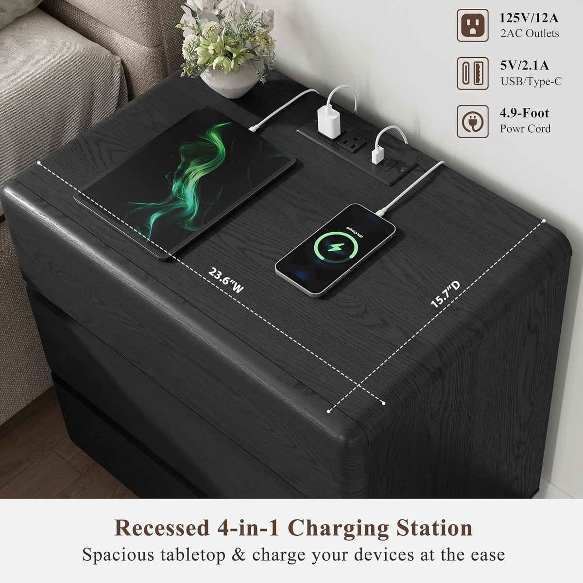 YANSNWO Black Nightstand with Charging Station, 23.6" Modern Night Stand with 3 Storage Drawers, Rounded Corner Design, Bedside Table with Reinforced Thickened Base for Bedroom, Living Room