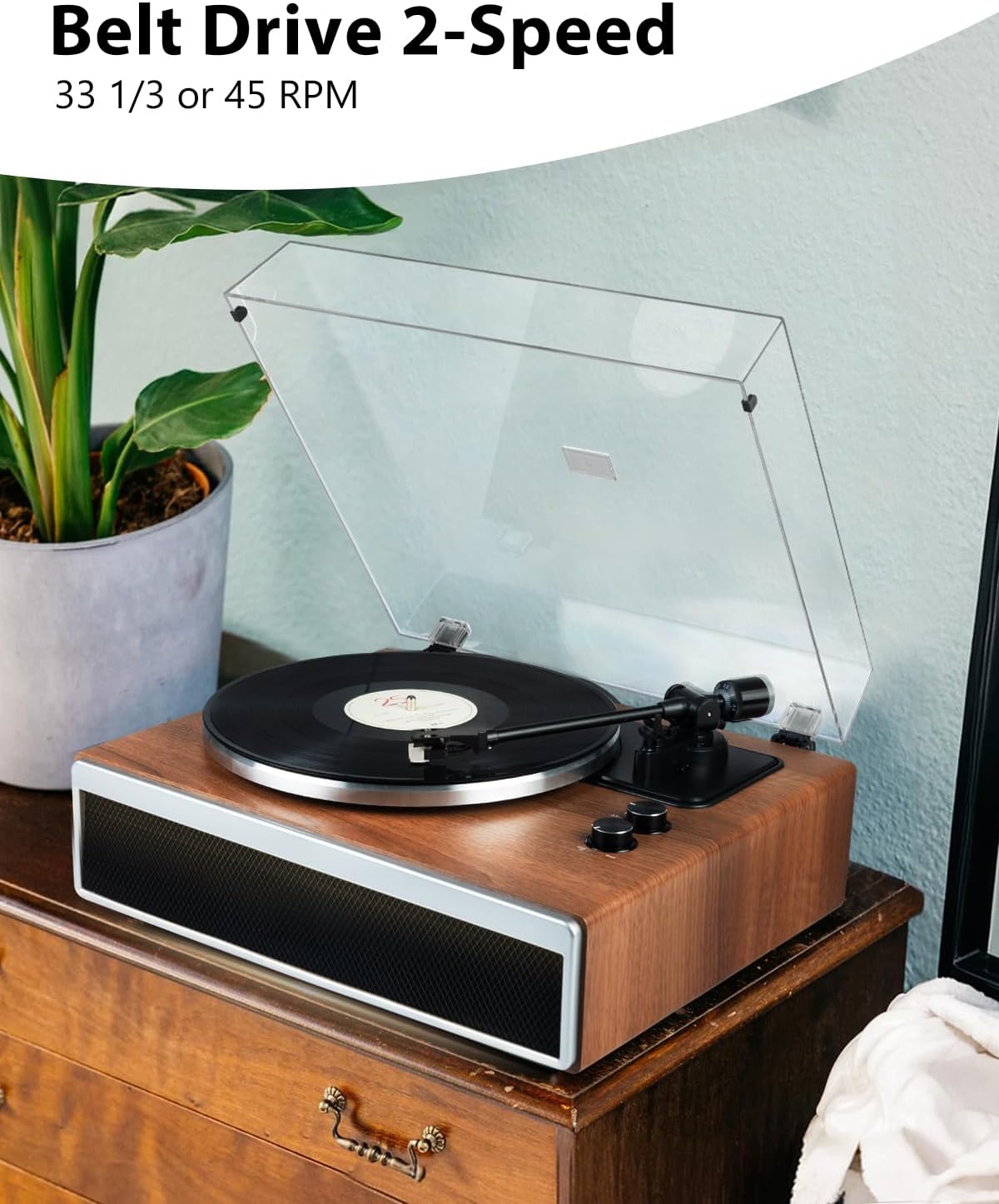 SeeYing Vinyl Record Player with Built in HiFi Speakers, Bluetooth Belt Drive Turntable for Vinyl Records with Magnetic Cartridge, Auto Stop and Warm Light Design
