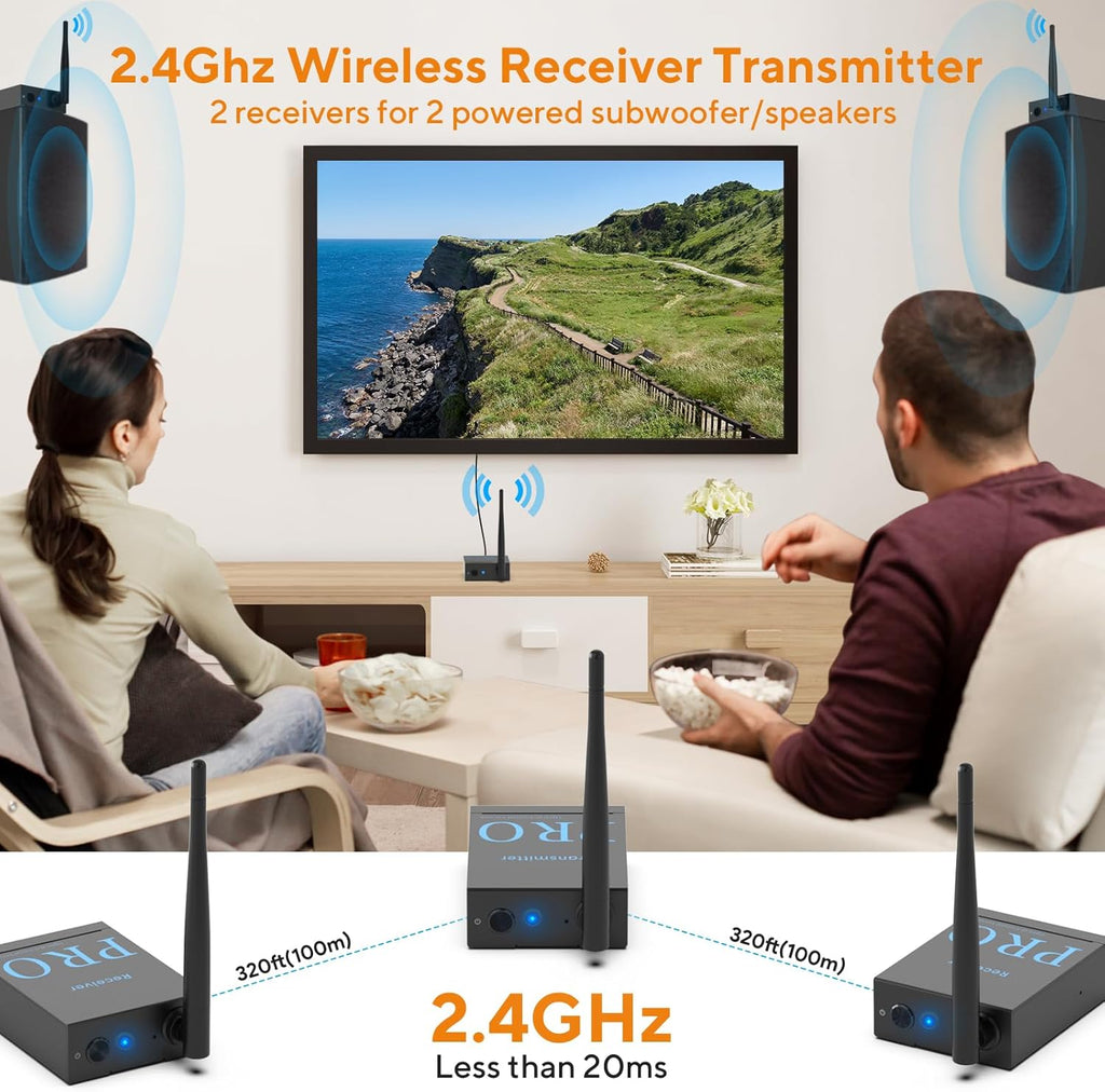1Mii 3-in-1 2.4Ghz Wireless Audio Transmitter Receiver (1 TX+2 RX) for 2 Subwoofer/Active Speaker/Power Amplifier, 20ms Low Latency, 320ft Range, Optical/Coaxial/3.5mm(RCA) Audio Input/Output