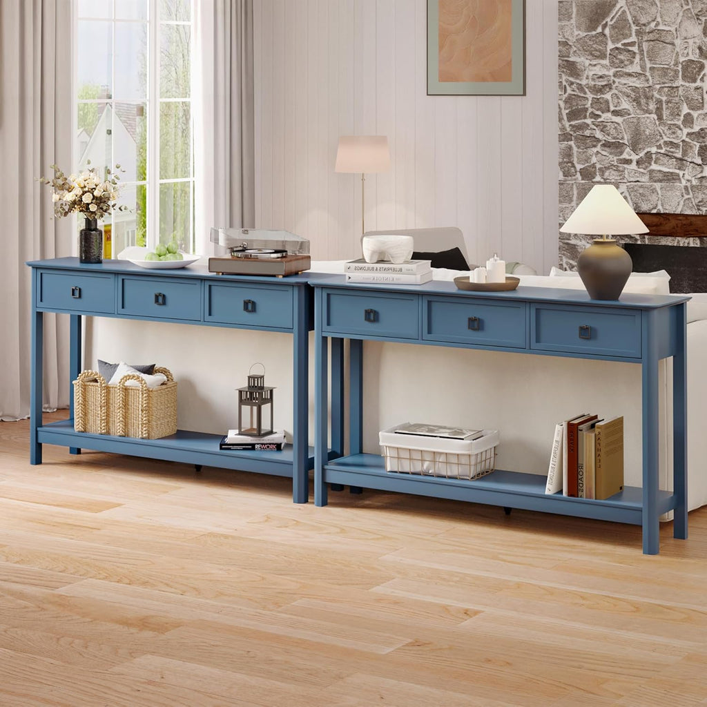 Treocho 53.1" Console Table with 3 Drawers, Modern Entryway Table, 2-Tier Narrow Long Sofa Table Behind Couch Table for Living Room, Hallway, Blue