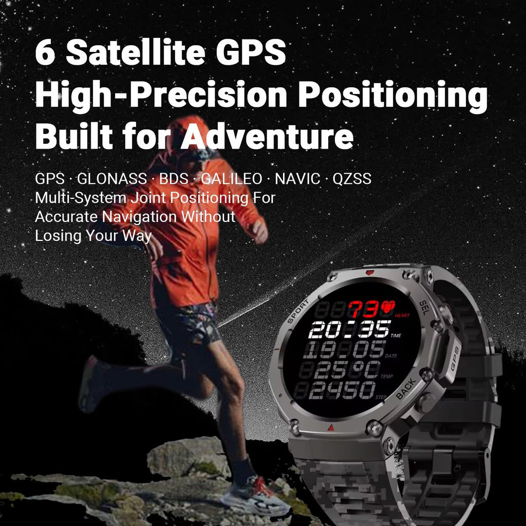 Outdoor GPS Smartwatch, 1.43" AMOLED Display, Titanium Alloy, 5ATM Waterproof, 22-Day Battery, 170+ Sport Modes, Compass, Heart Rate/SpO2/Stress/Sleep Monitor, for Android iOS Men Women (Camo Gray)