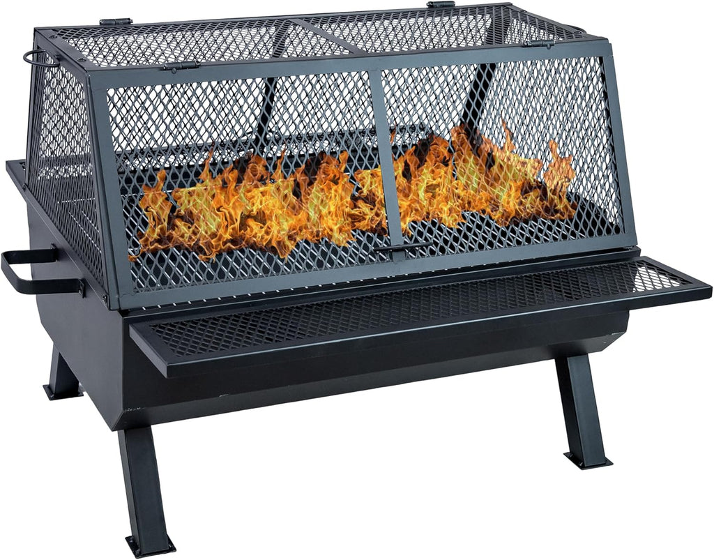 Sunnydaze 36-Inch Steel Outdoor Fire Pit with Grill and Spark Screen - PVC Protective Cover - Heat-Resistant Finish - Black
