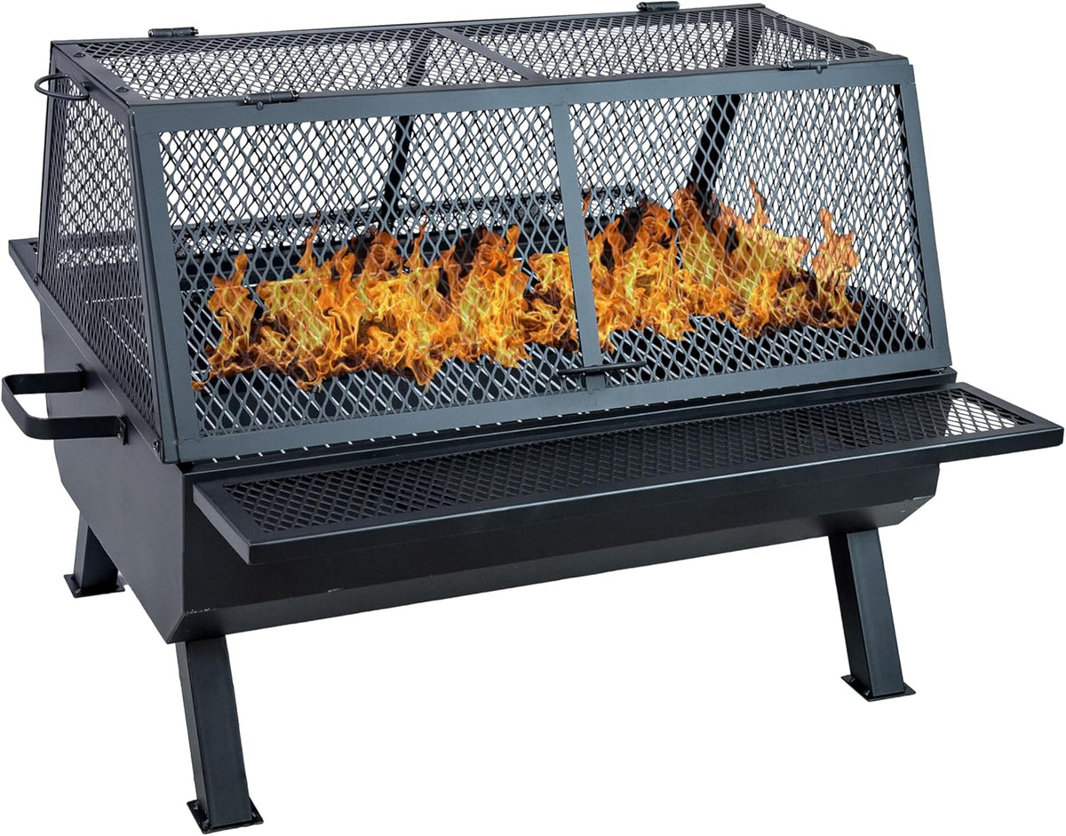Sunnydaze 36-Inch Steel Outdoor Fire Pit with Grill and Spark Screen - PVC Protective Cover - Heat-Resistant Finish - Black