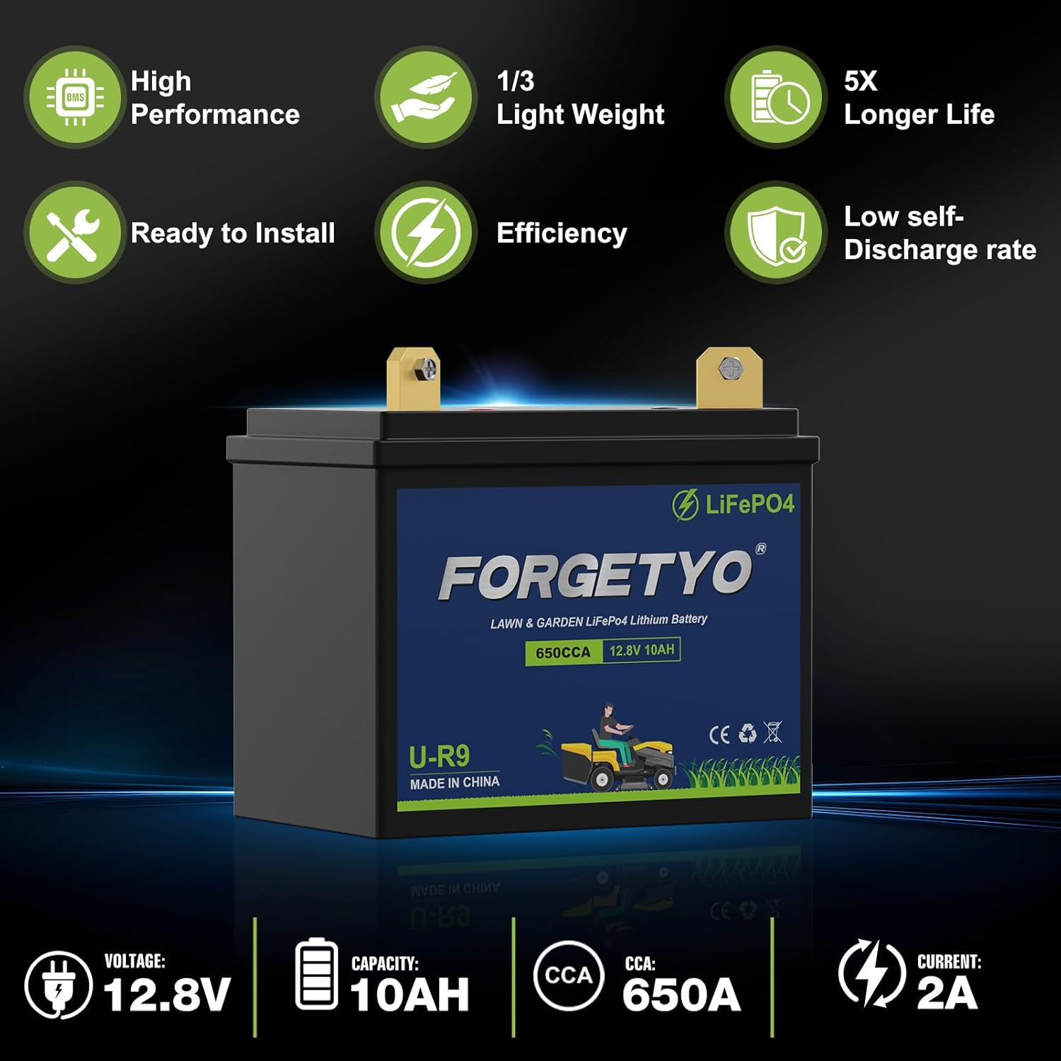 U-R9 Riding Lawn Mower Battery, 12V 10Ah 650CCA Lithium LiFePO4 Garden Tractor Starting Battery, Compatible with John Deere,Cub Cadet,Craftsman,Troy-Bilt Mower, and Generator