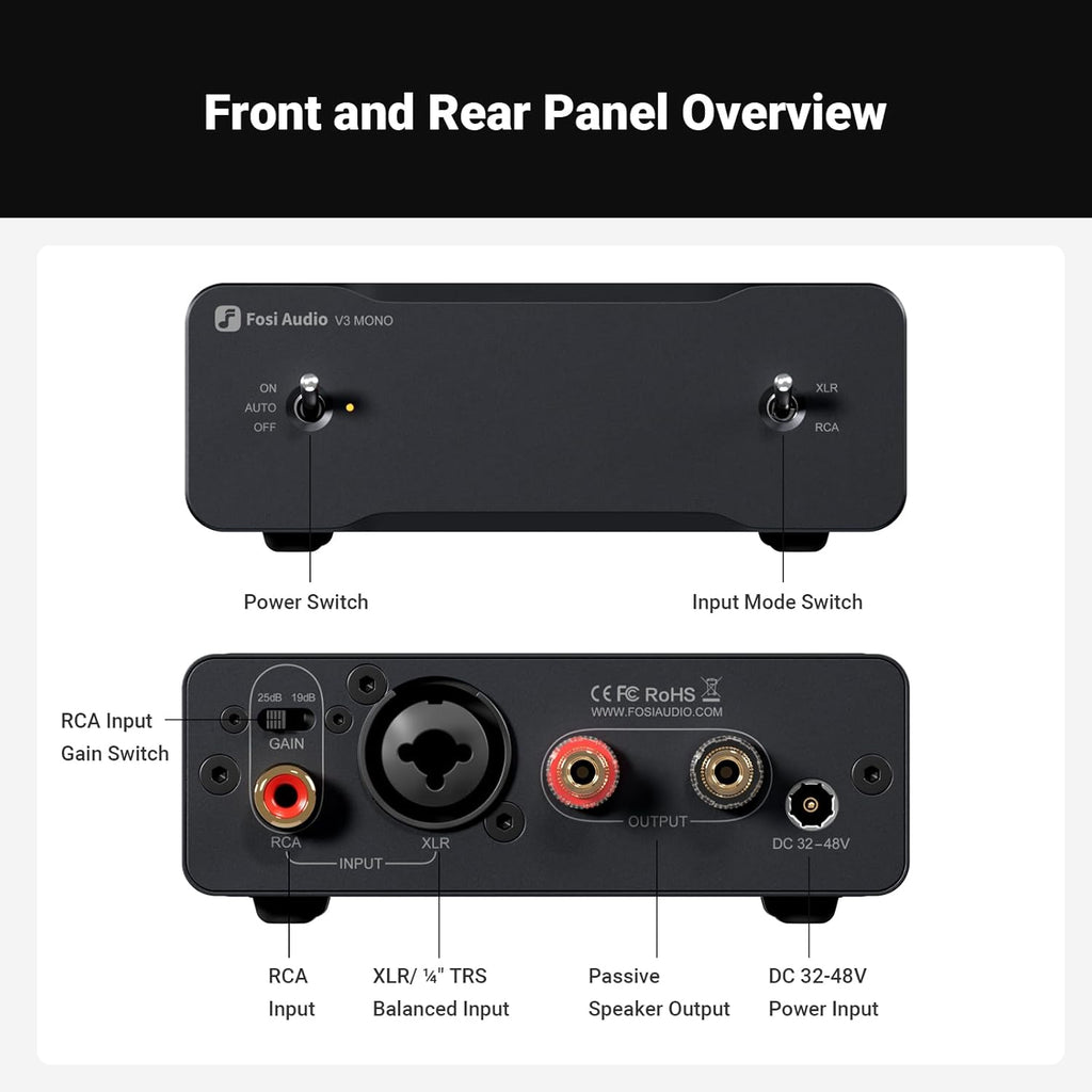 Fosi Audio Two V3 Mono Power Amplifier 240W Class D AMP with TPA3255 Chip, RCA/XLR Balanced Inputs, 48V/10A Power, for Home Audio Speakers & Home Theater