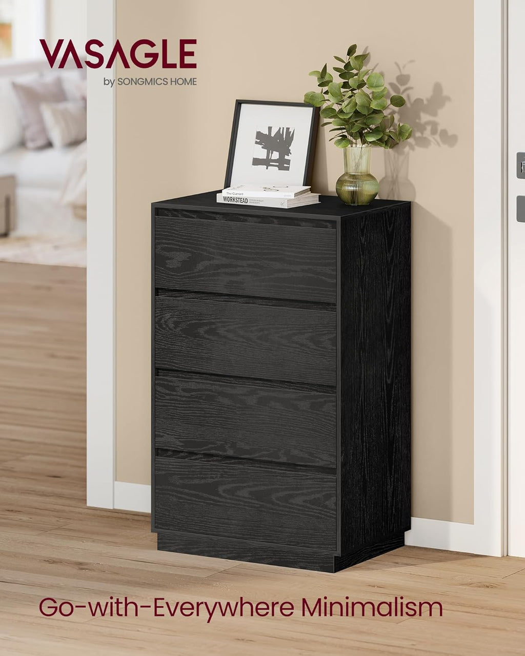 VASAGLE Kailyn Collection - 4-Drawer Dresser for Bedroom, Chest of Drawers, Storage Tower Unit, for Closet Living Room Entryway, Modern Minimalist, 15.9 x 23.7 x 38.3 Inches, Ink Black ULTS614BE04S