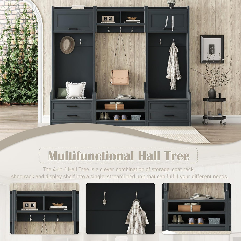 LUMISOL Wide Entryway Hall Tree with Storage Bench, Detachable Entryway Organizer with Storage Drawers and Cabinet, 4-in-1 Mudroom Coat Rack with 7 Hooks, for Living Room Hallway, Antique Blue
