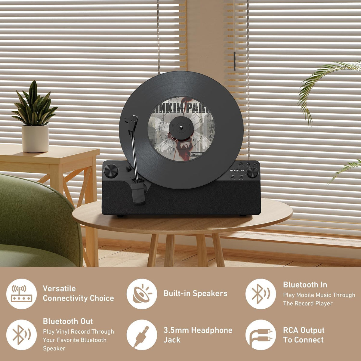 Vertical Automatic Record Player Bluetooth, MYKESONIC Belt Drive Vinyl Turntable, Magnetic AT-3600L Cartridge, Bluetooth in & Out, Hi-Fi Stereo Speakers, Aux in Headphone, RCA Out, Anti-Resonance