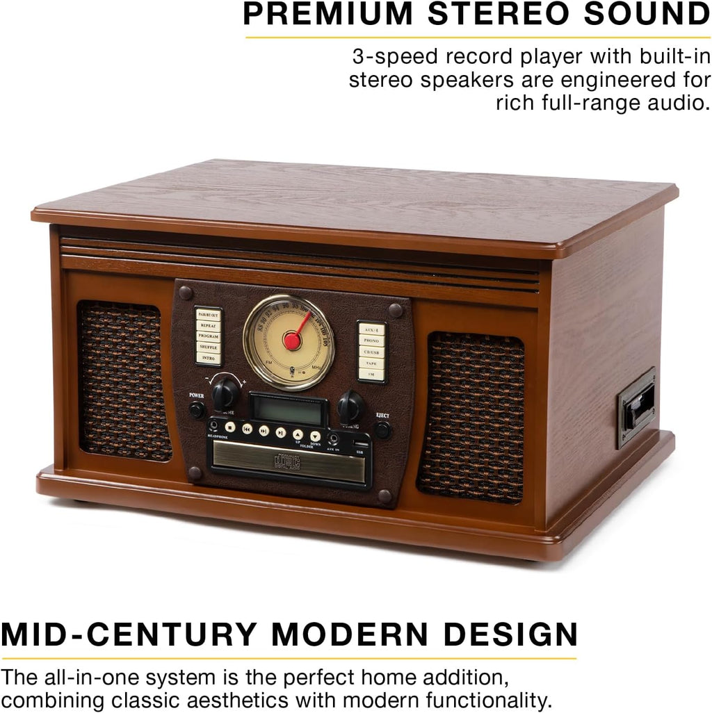 Victrola Navigator 8-in-1 Bluetooth Record Player with Built-in Speakers – 3 Speed, CD Player, Cassette, FM Radio, USB, RCA Out, Headphone Jack, Wireless Music Streaming, Real Wood (Walnut)