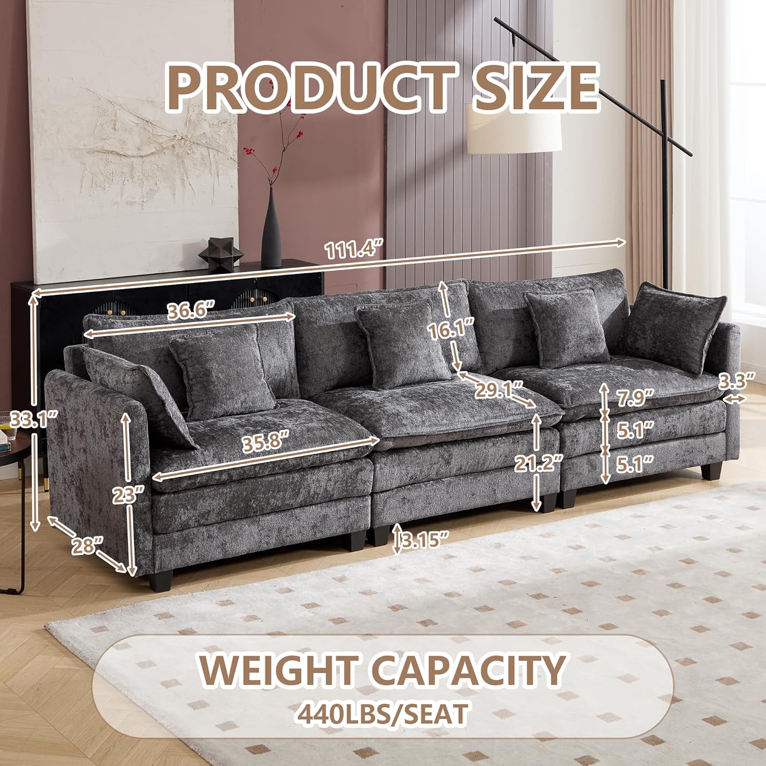 Cloud Modular Sectional Sofa, U-Shaped Deep Seat Oversized Couch for Large Living Room, Pet-Friendly Chenille Fabric Sofa Setfor Family Movie Nights