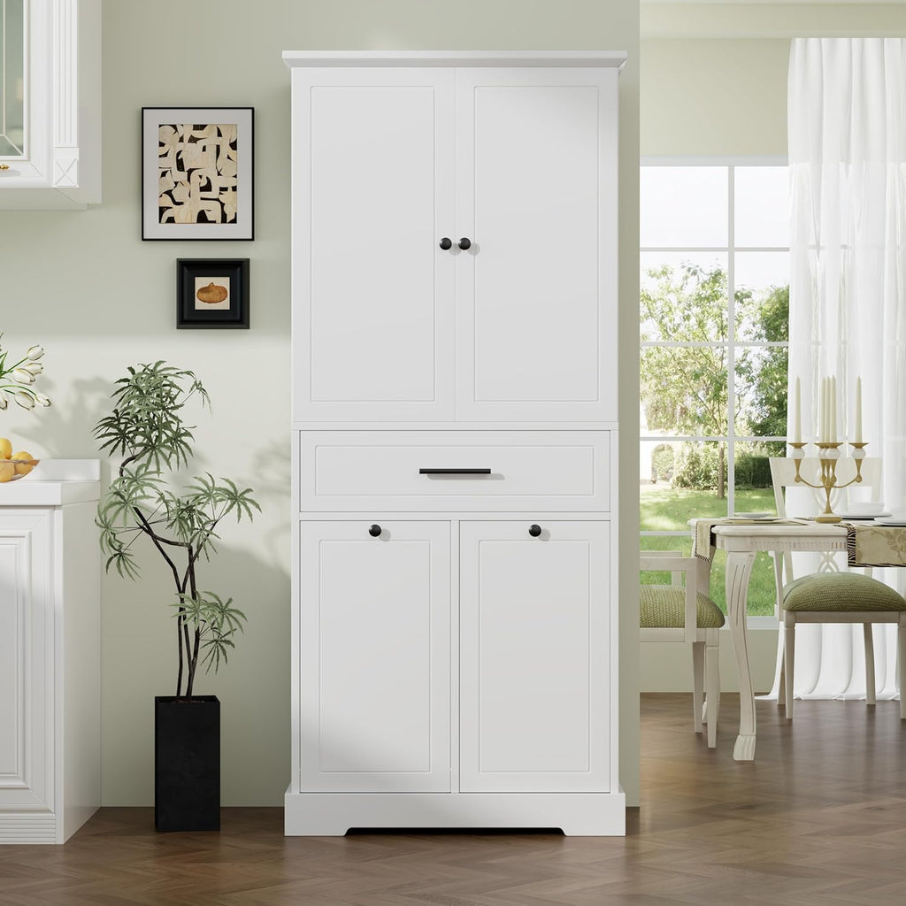 Tall Storage Cabinet Pantry Cupboard with Laundry Hamper and Door Rack Organizer for Bathroom, Kitchen or Enterway, Adjusatble Shelf, White