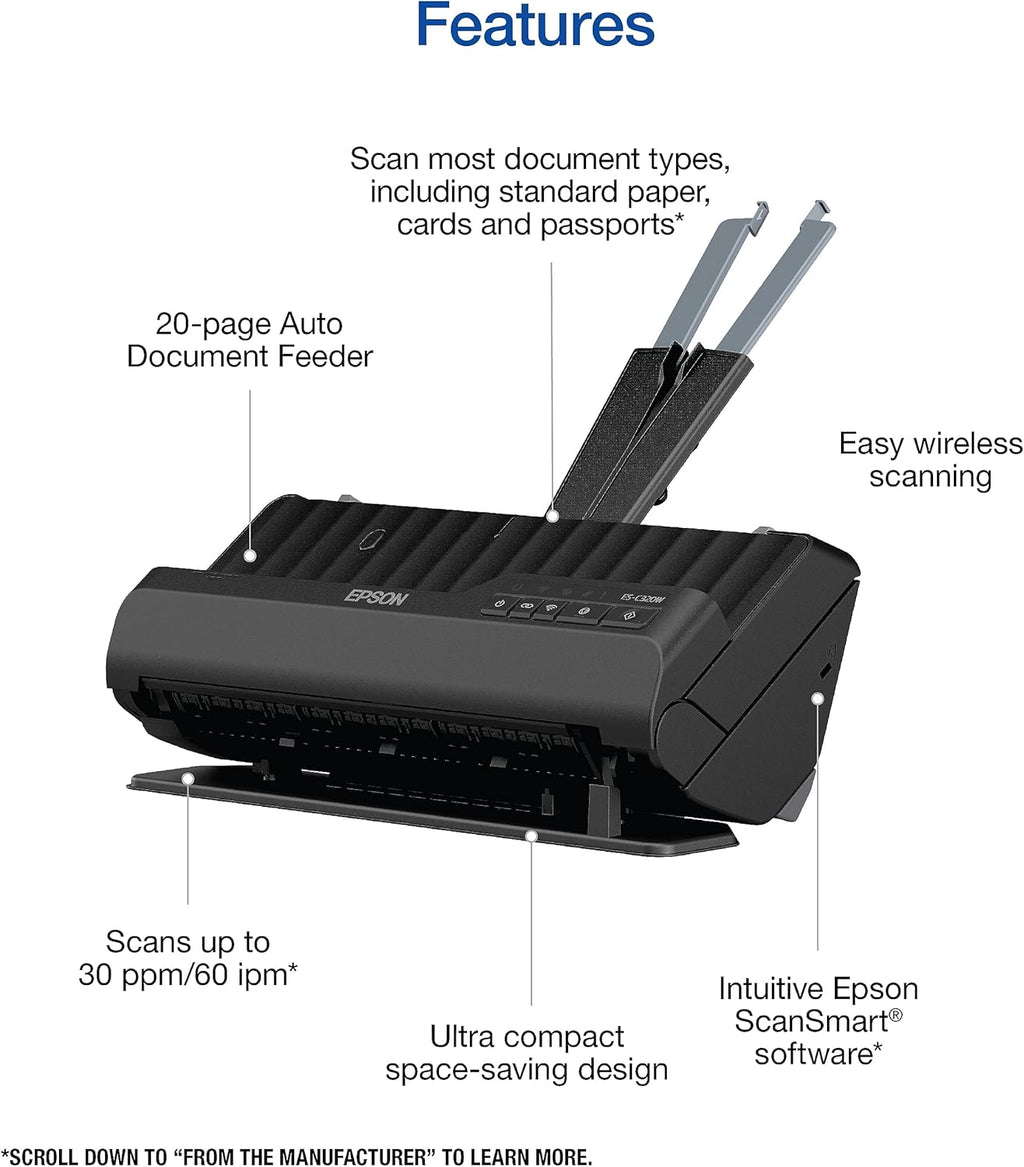 Epson Workforce ES-C320W - Wireless Compact Desktop Document Scanner - 2-Sided Scanning Auto Doc Feeder - Can Scan Paper and Cards - Black