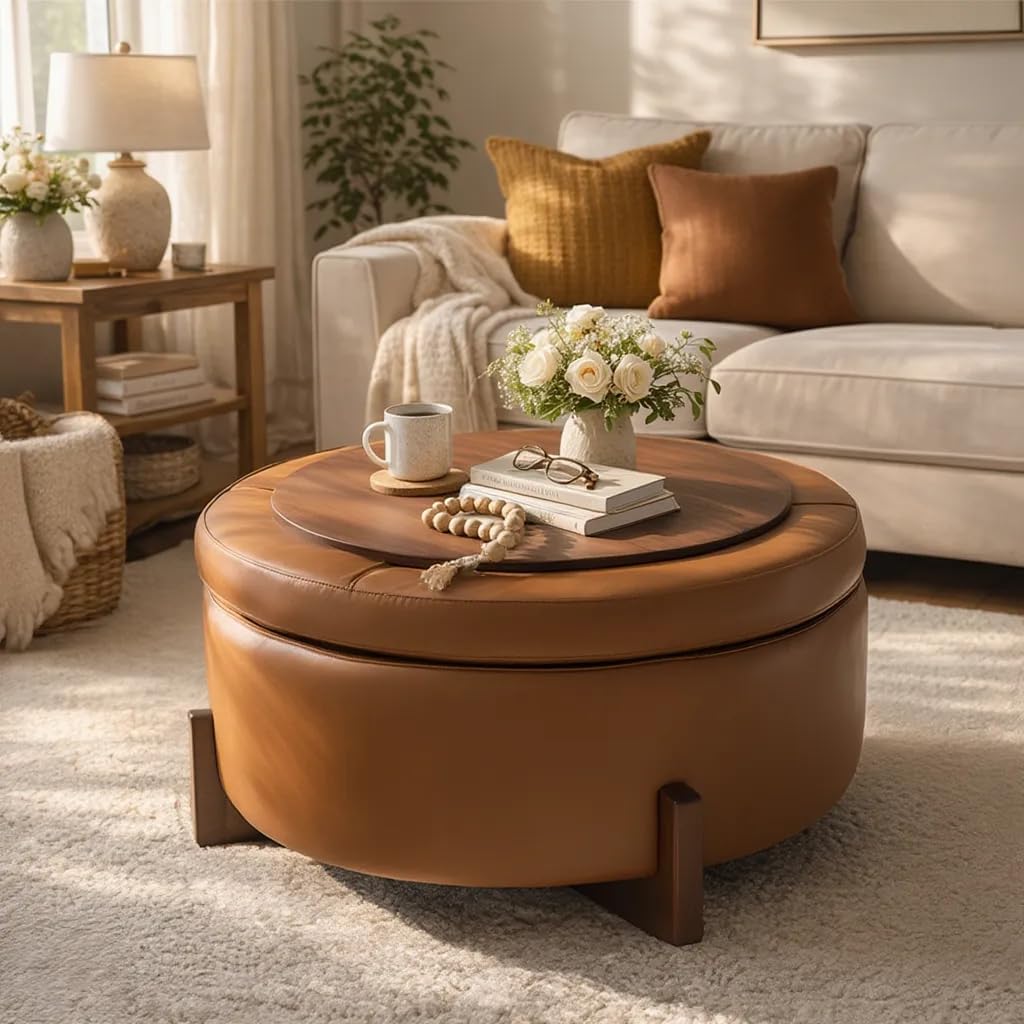 Christopher Knight Home 32" Round Storage Ottoman with Reversible Wooden Lid, Faux Leather Tufted Coffee Table, 2-in-1 Storage Ottoman, Hidden Storage Compartment, Solid Rubber Wood Base, Brown
