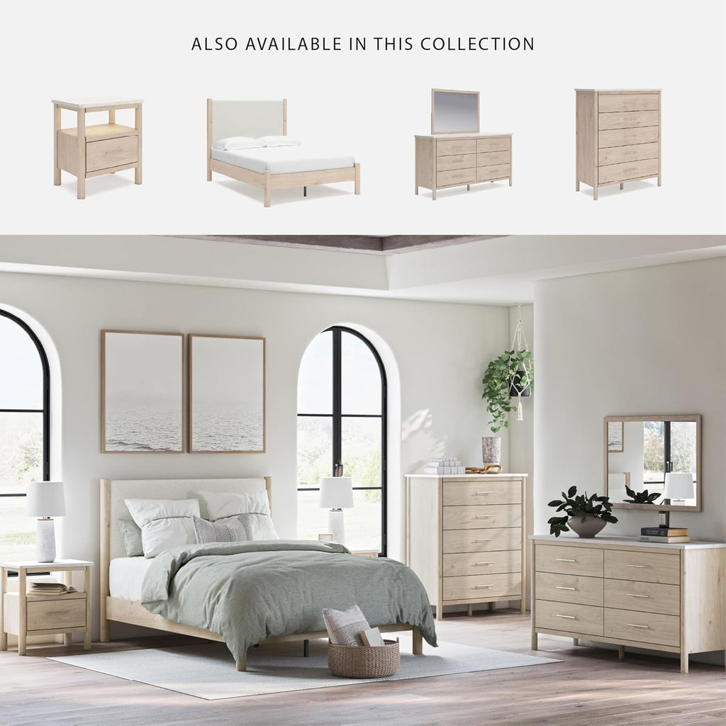 Signature Design by Ashley Cadmori Casual Faux Marble Tabletop 1 Drawer Nightstand with Open Shelf, Ambient Lights, Wireless Charging and USB-C Ports, 26.57" Tall, Light Brown & White