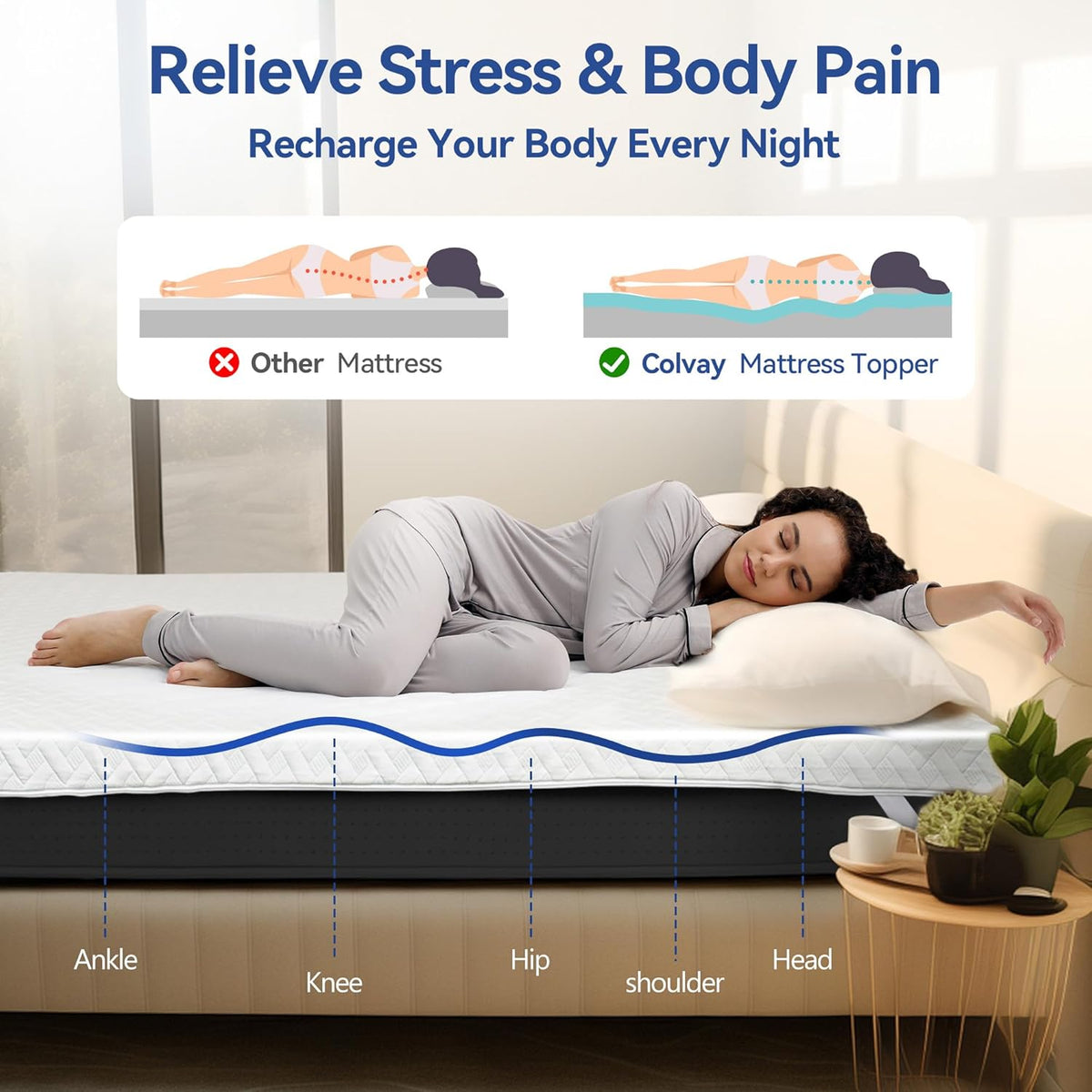 3 Inch Gel Memory Foam Mattress Topper Queen Size for Back Pain, Cooling Mattress Pad Bed Topper with Removable and Washable Bamboo Cover, CertiPUR-US & Oeko-Tex Certified – White