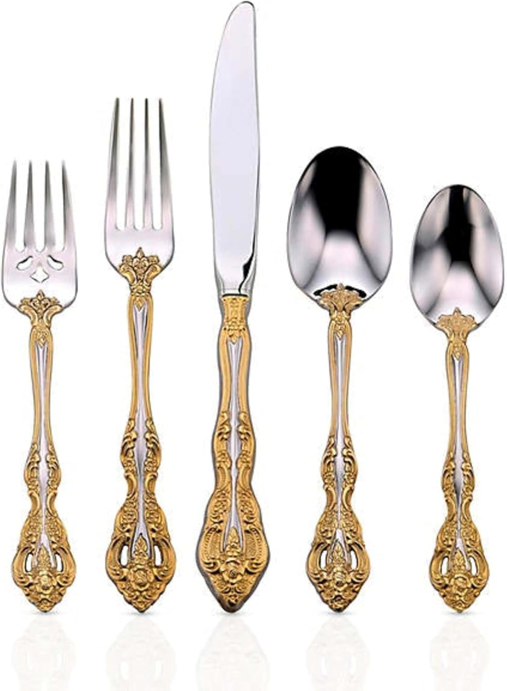 Oneida Silverware Set, Golden Michelangelo 20 Piece Fine Flatware Set, Service For 4, 18/10 Stainless Steel With Gold Carat Tips, Knives Spoons And Forks Sets, Dishwasher Safe (Gold/Silver, 20 Pieces)