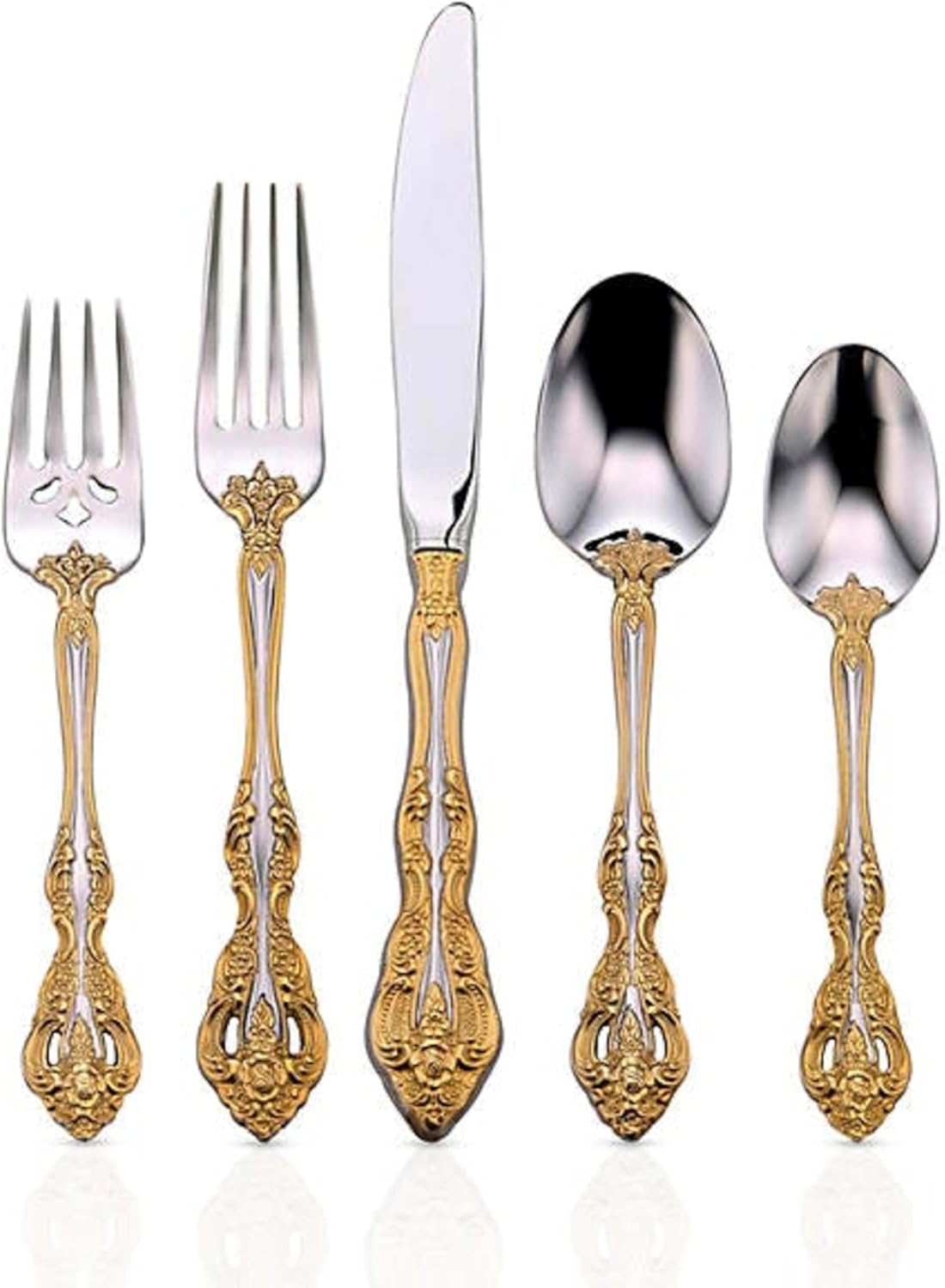 Oneida Silverware Set, Golden Michelangelo 20 Piece Fine Flatware Set, Service For 4, 18/10 Stainless Steel With Gold Carat Tips, Knives Spoons And Forks Sets, Dishwasher Safe (Gold/Silver, 20 Pieces)