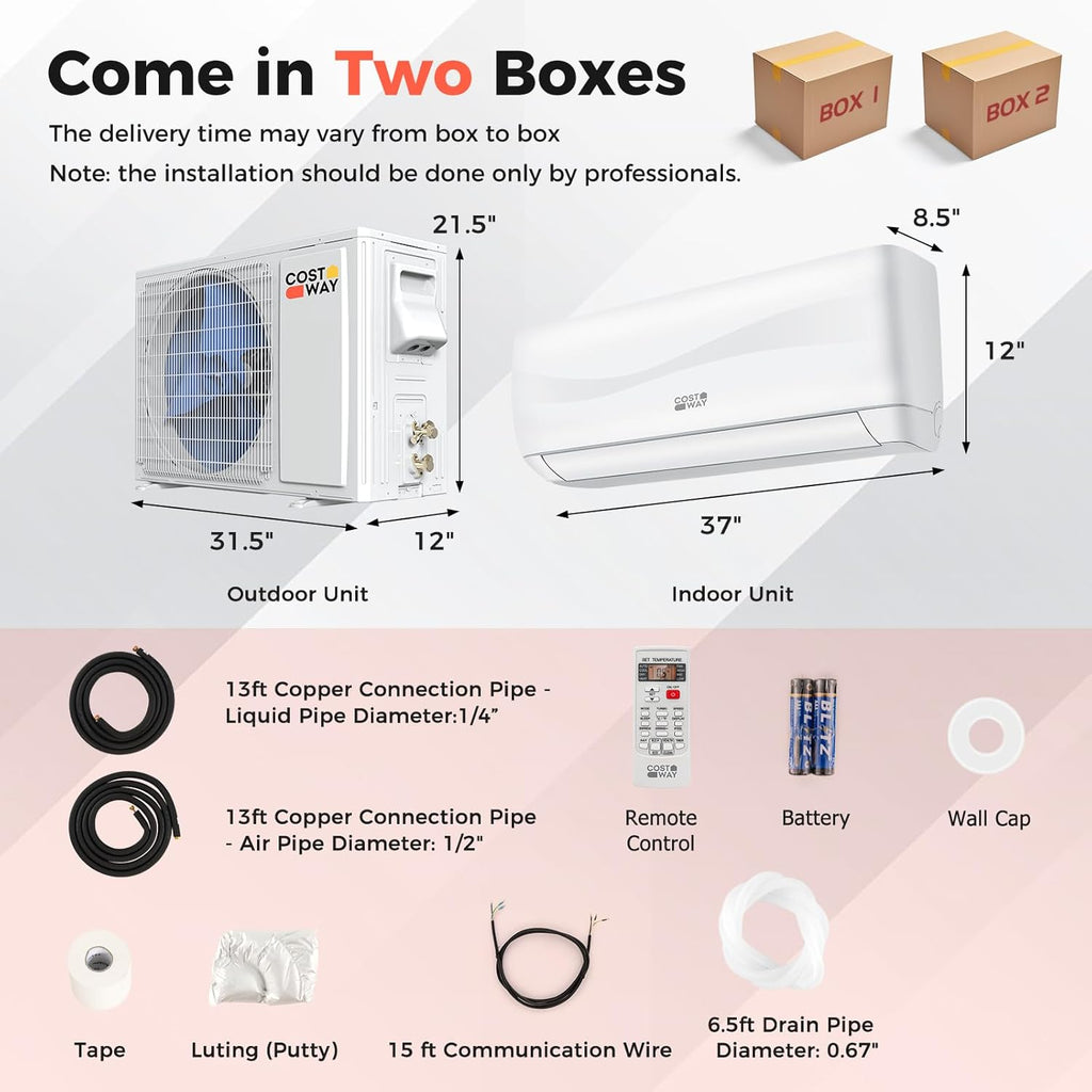 COSTWAY 18000BTU Mini Split Air Conditioner& Heater, 19 SEER2 208-230V Wall-Mounted Ductless AC Unit Cools Rooms up to 1250 Sq. Ft, Energy Efficient Inverter AC w/Heat Pump (Blast Series)