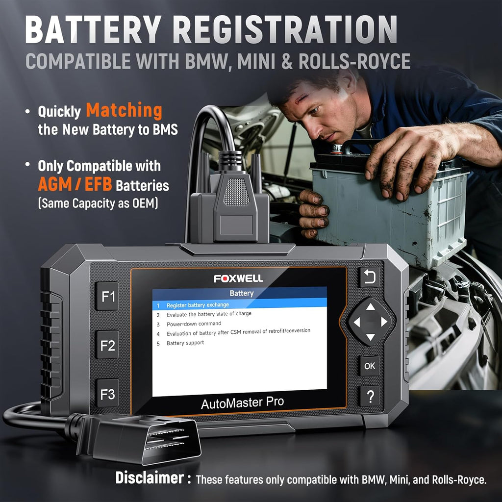 FOXWELL NT510 Pro fit for BMW 2-in-1 Diagnostic Scanner & 12V Battery Tester, Full System Bidirectional Scan Tool with All Reset Services & Battery Registration for BMW/Mini/RR (Lifetime Free Update)