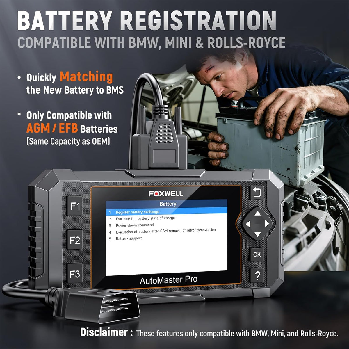 FOXWELL NT510 Pro fit for BMW 2-in-1 Diagnostic Scanner & 12V Battery Tester, Full System Bidirectional Scan Tool with All Reset Services & Battery Registration for BMW/Mini/RR (Lifetime Free Update)