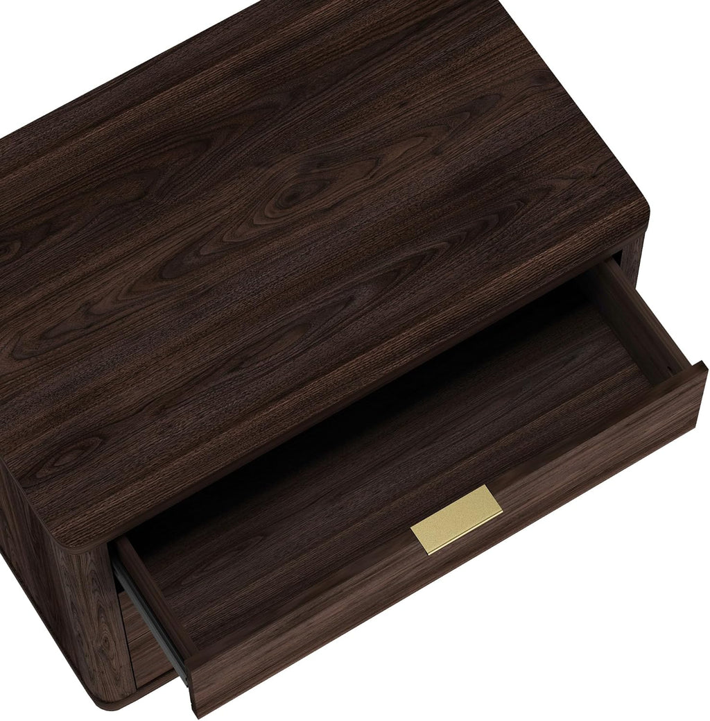 Manhattan Comfort Evelyn Nightstand with 3 Drawers, Minimalist Wood Grain Bedside Table with Rounded Corners and Raised Base, Modern End Table for Bedroom, Entryway, or Living Room in Brown
