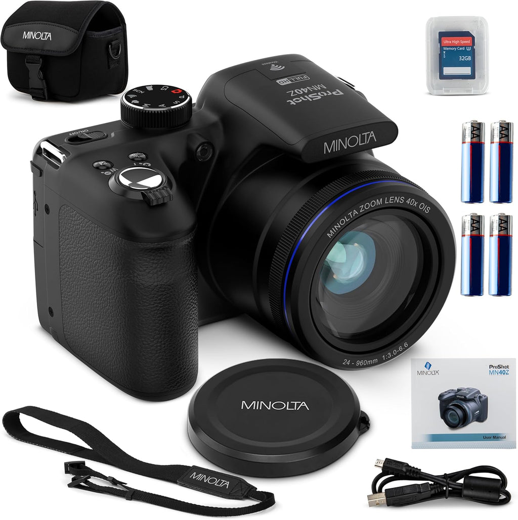Minolta MN40Z 20MP Digital Camera – 40x Optical Zoom, 1080p FHD Video, 3.0" LCD, Wi-Fi, Face/Smile/Blink Detection – Black