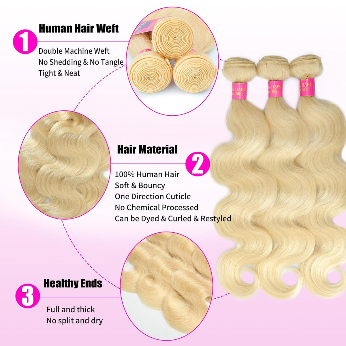 613 Body Wave Blonde Bundles Human Hair 18 20 22Inch 3 Bundles Human Blonde Hair Extensions .100% Real 14A Brazilian Virgin Raw Easy to Dye No Synthetic Blend No Tangle No Shedding 3X-Lifespan