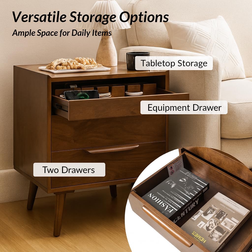 HULALA HOME 2 Drawer End Table with Pull-Out Shelf, Mid-Century Modern End Table with Wood Legs, Wood Side Table with Charging Station(Walnut, Set of 2)