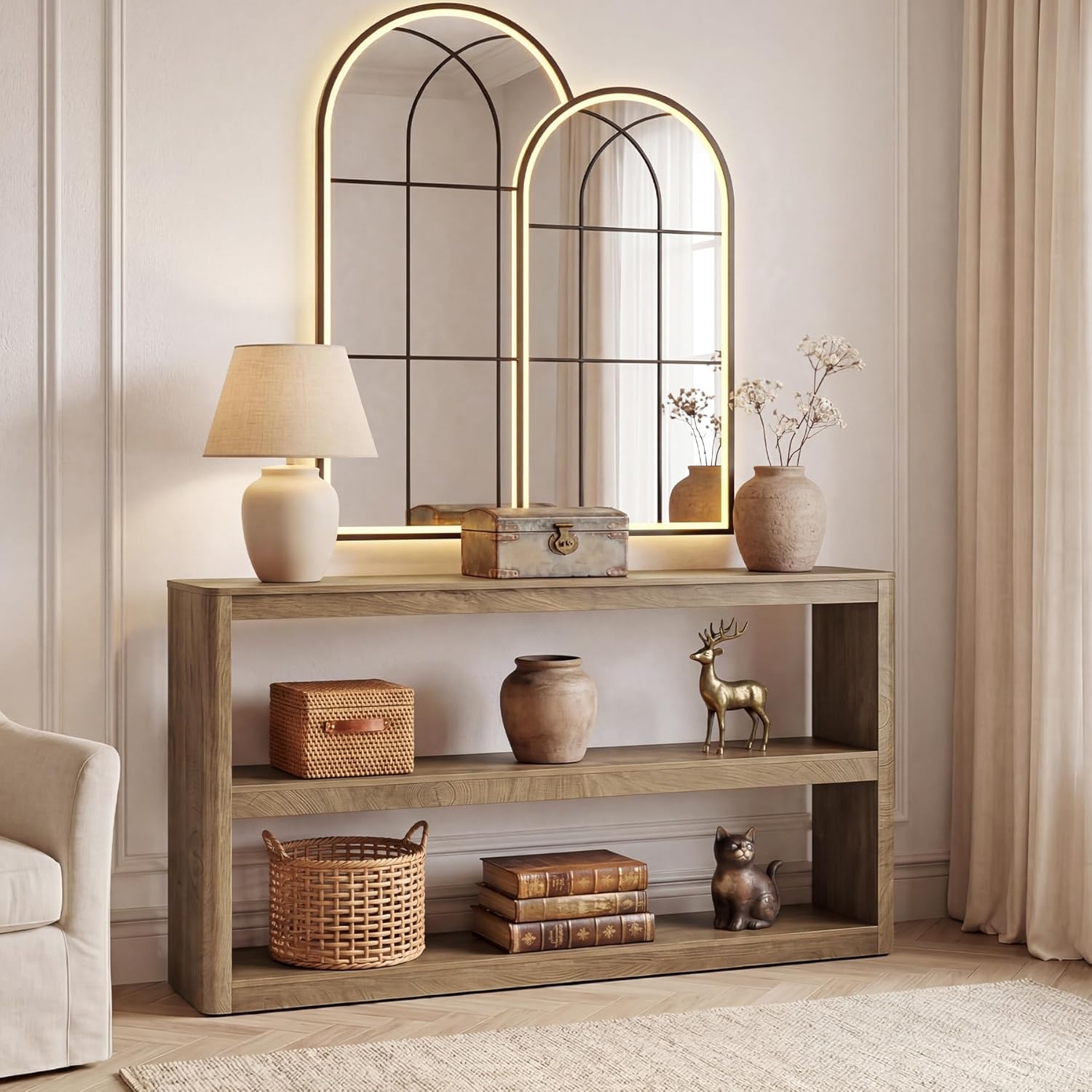 LITTLE TREE 63-Inches Console Table, Modern Sofa Table with 3 Storage Shelves, Narrow Entryway Furniture Living Room, Entrance, Hallway, Foyer, Brown