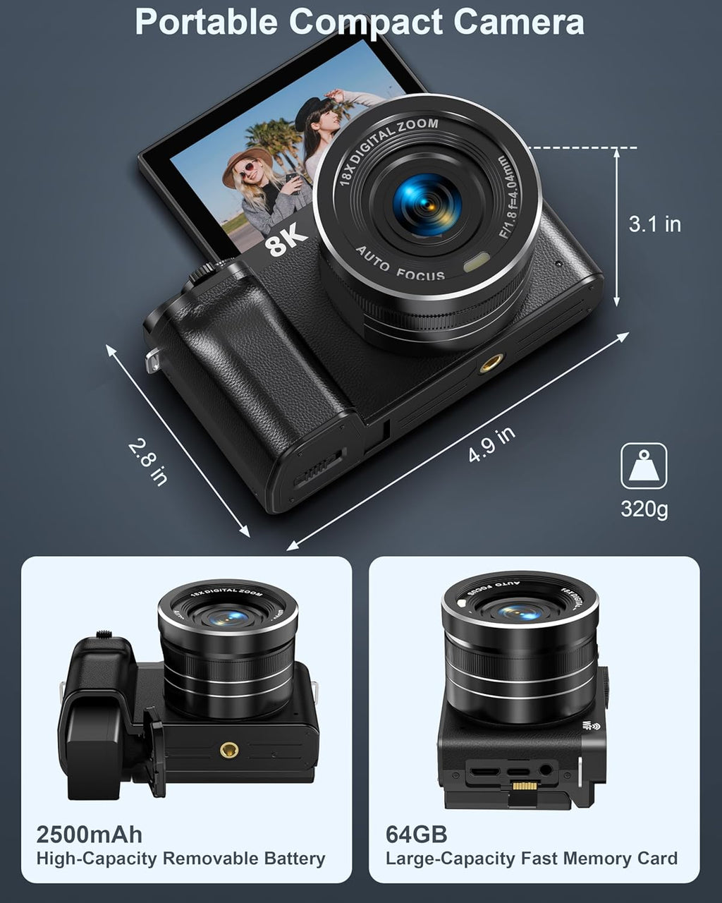 8K Digital Camera, 88MP Cameras for Photography, WiFi Vlogging Camera for YouTube with 3" 180° Flip Screen, 18X Zoom UHD Autofocus Video Camara with Lens Hood, 64GB Card